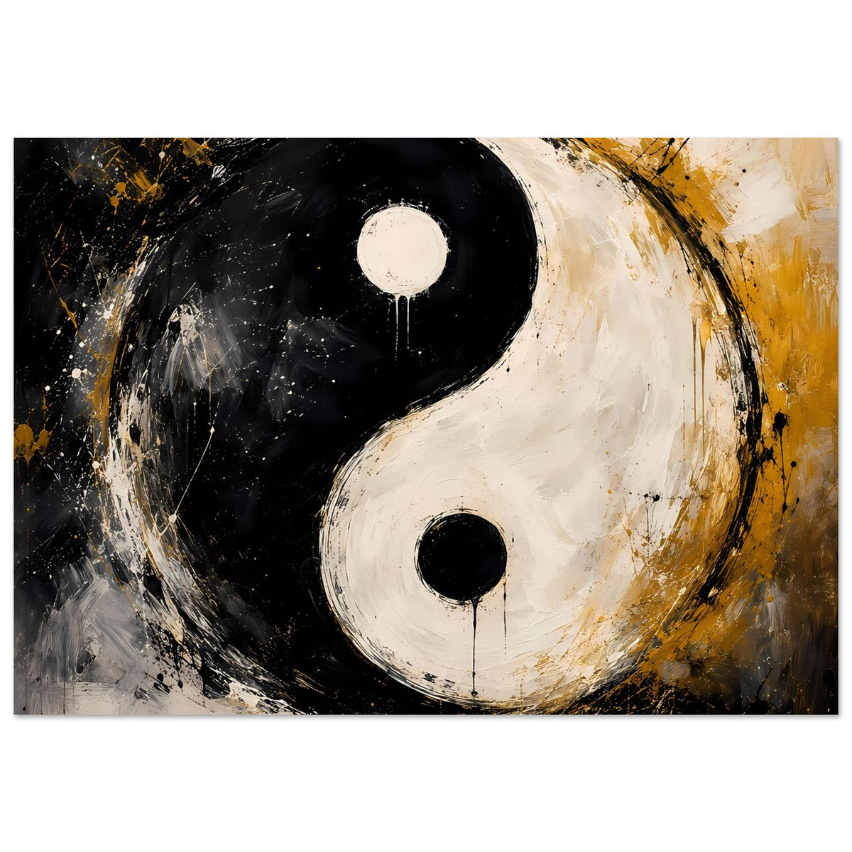 Abstraktes Yin-Yang Poster in Schwarz-Weiß-Gold: große Kreise mit markanten Pinselstrichen