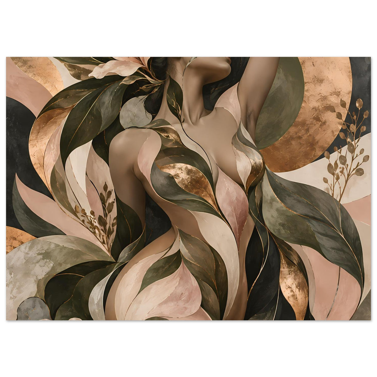 Poster, horizontal: Frauenakt umrankt von Blättern, beige, grün-braun und Gold