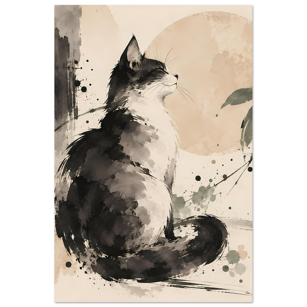 Poster mit Katze im Aquarellstil, schwarze Silhouette auf hellem Grund, vertikal