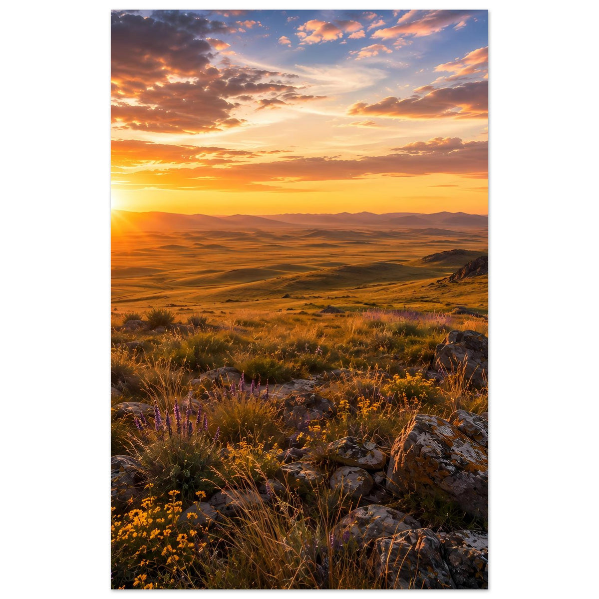 Naturposter im Hochformat mit Sonnenuntergang: Sonne links, weite Landschaft