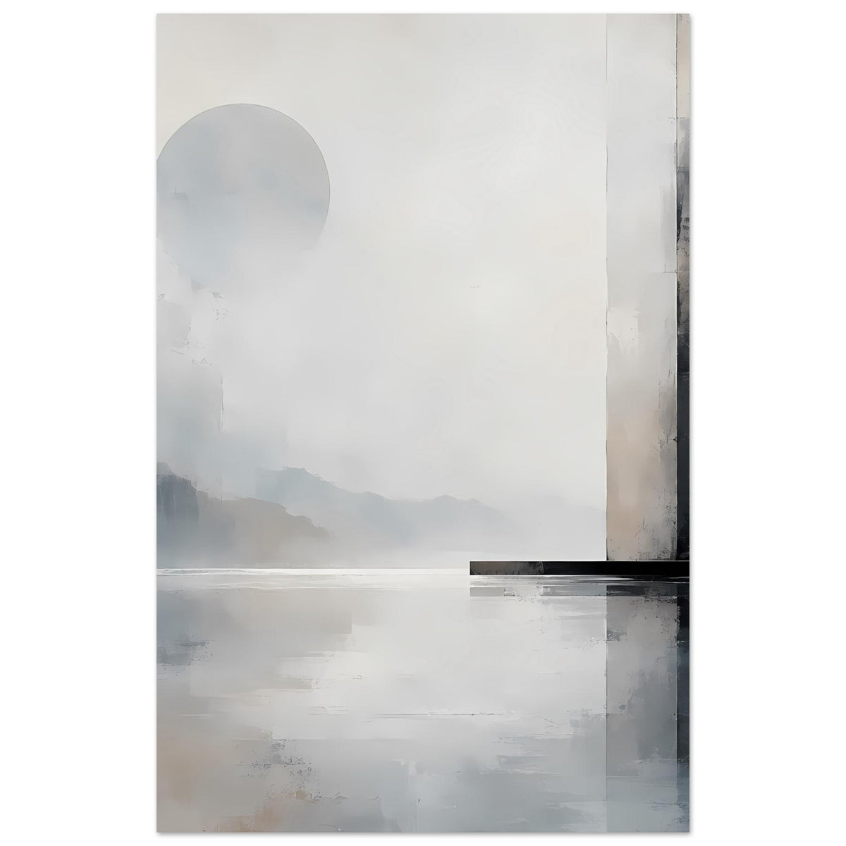 Abstraktes Landschaftsposter, monochrom, mit Bergdunst und großer Kreisform links