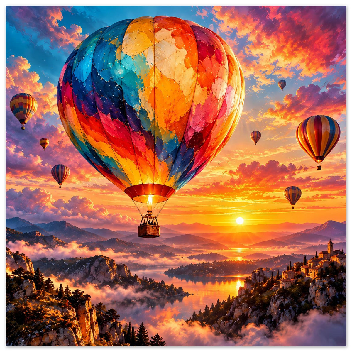 Poster mit Heißluftballon und mehreren Ballons, Abendsonne über Tälern und Bergen