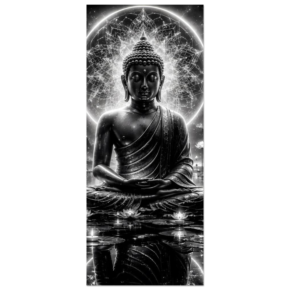 Vertikales Buddha-Poster Schwarzweiß: meditiere Figur mit Lichtkranz und Mandala im Hintergrund