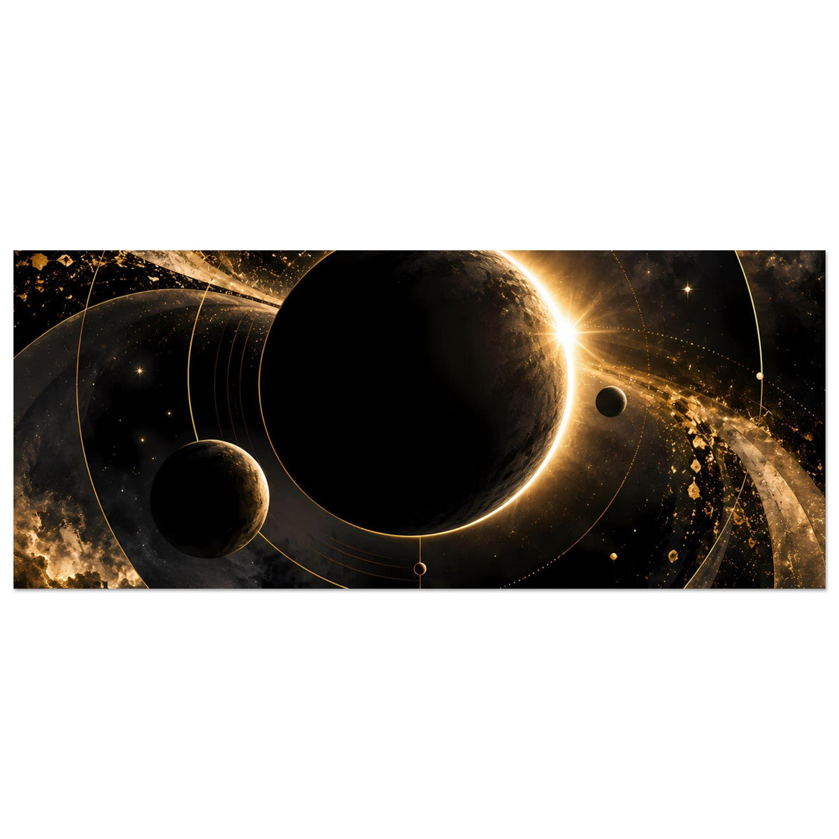 Weltraum-Poster (quer) mit goldenem Strahlenkreis, schwarzem Planeten und Ringbahnen