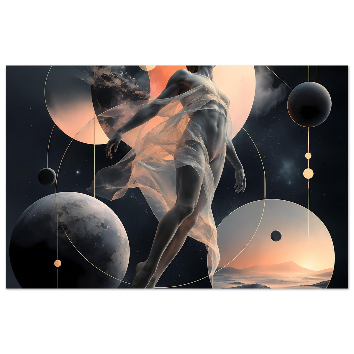 Horizontales Poster mit abstrakter Astralfigur, Planeten und ruhigen Lichtkreisen