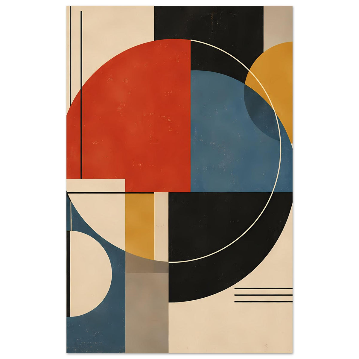 Geometrisches Abstract-Poster mit überlappenden Kreisen und Streifen in Rot, Blau und Schwarz.