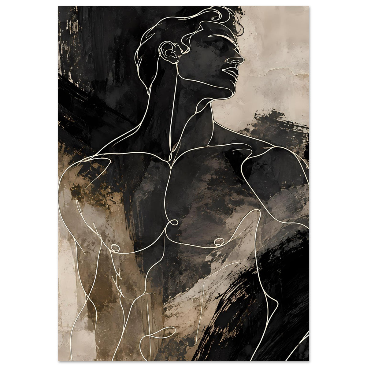 Poster mit männlicher Silhouette in feinen Linien, schwarz und Beige-Grau, abstrakt