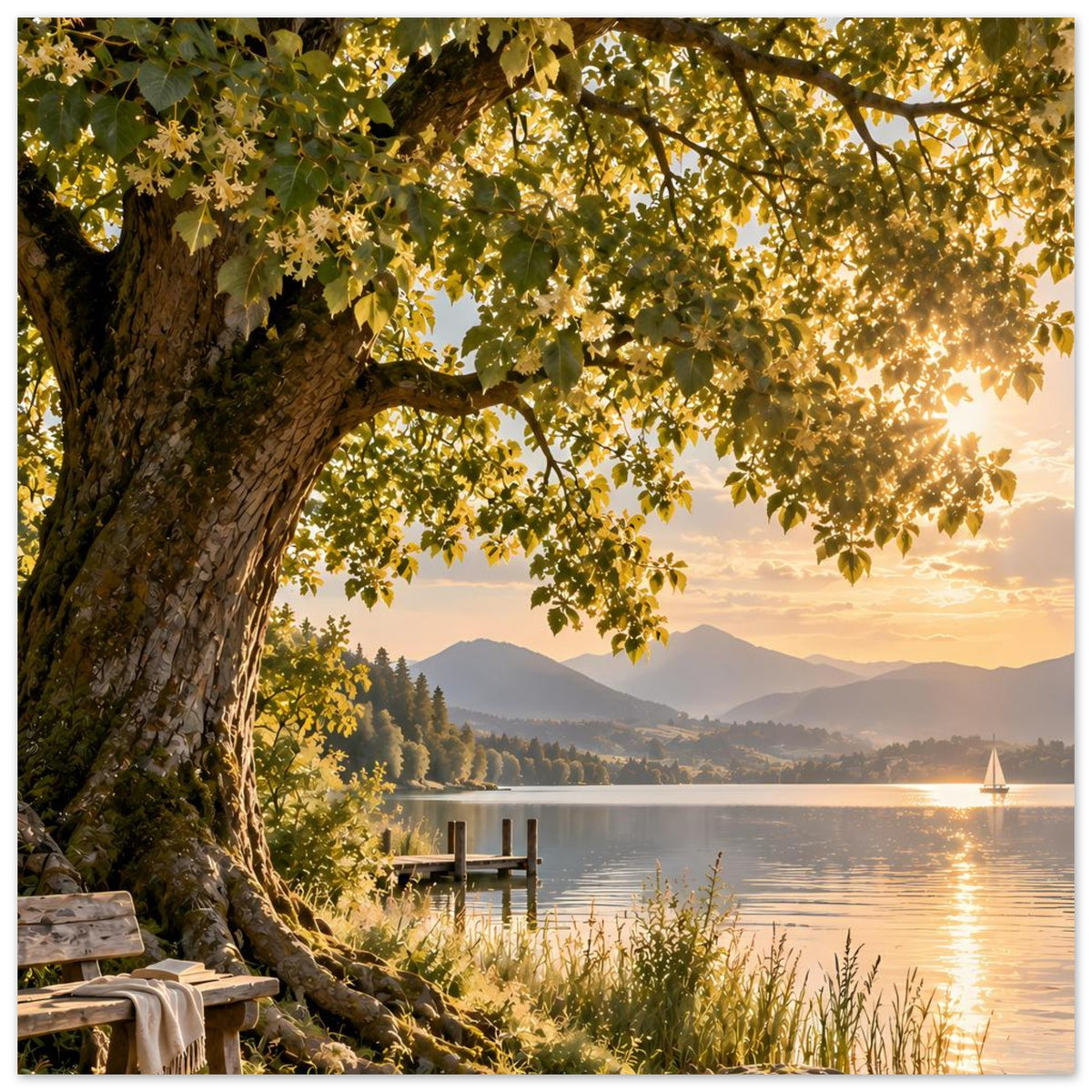Naturposter mit altem Baum am Ufer, grünen Blättern und Steg im Sonnenlicht