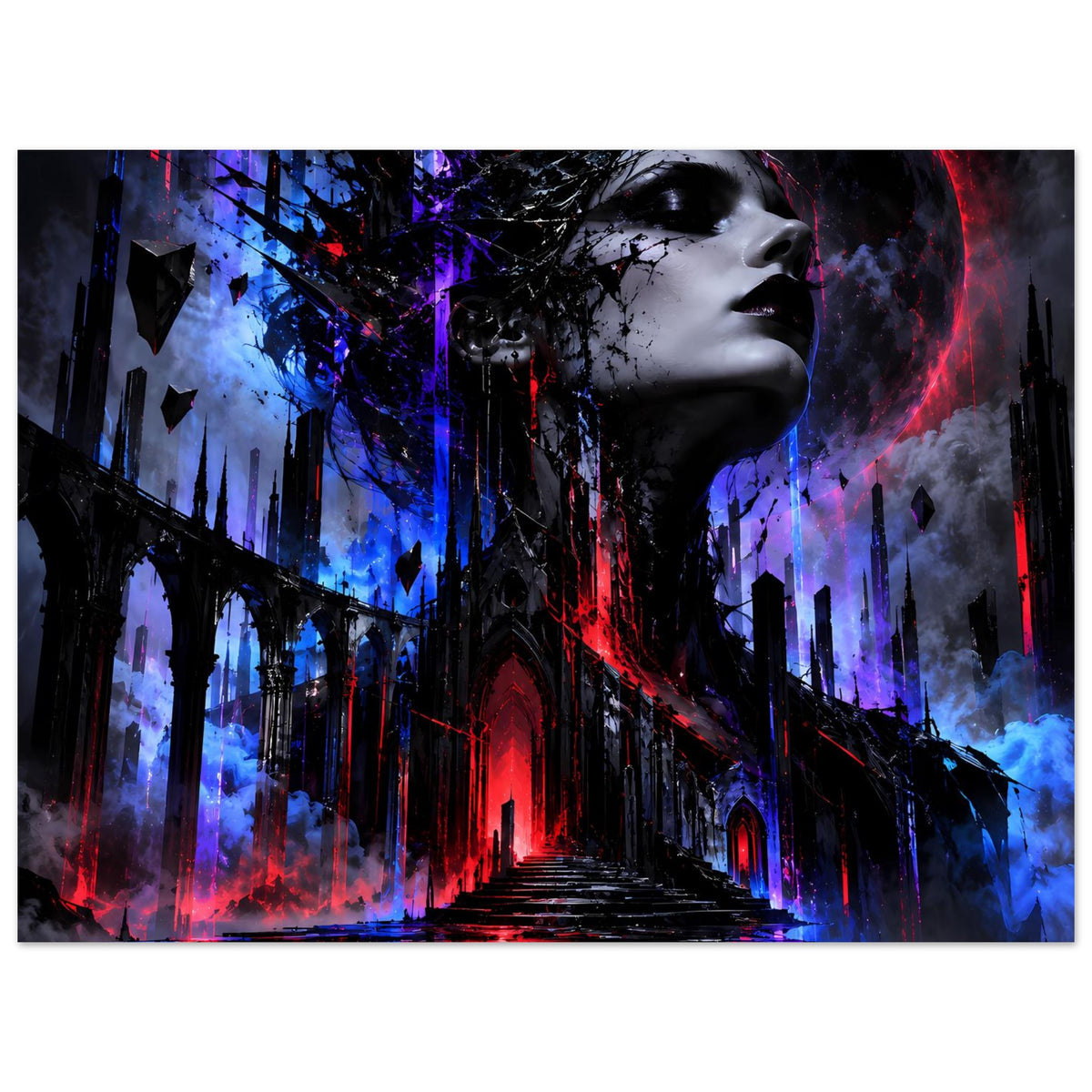 Gothic-Poster: Frauenprofil, gotischer Flur mit Neonrot und -blau, neblige Türme