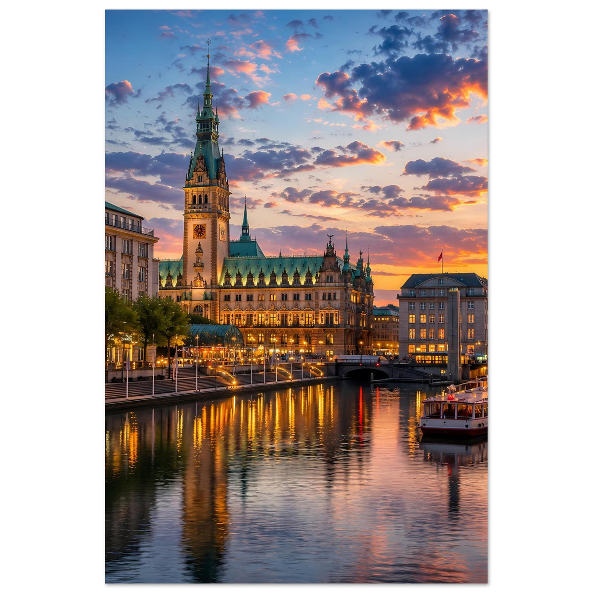 Stadtlandschafts-Poster (hochkant) mit Dom, Dampfer am Ufer und Spiegelungen im Wasser