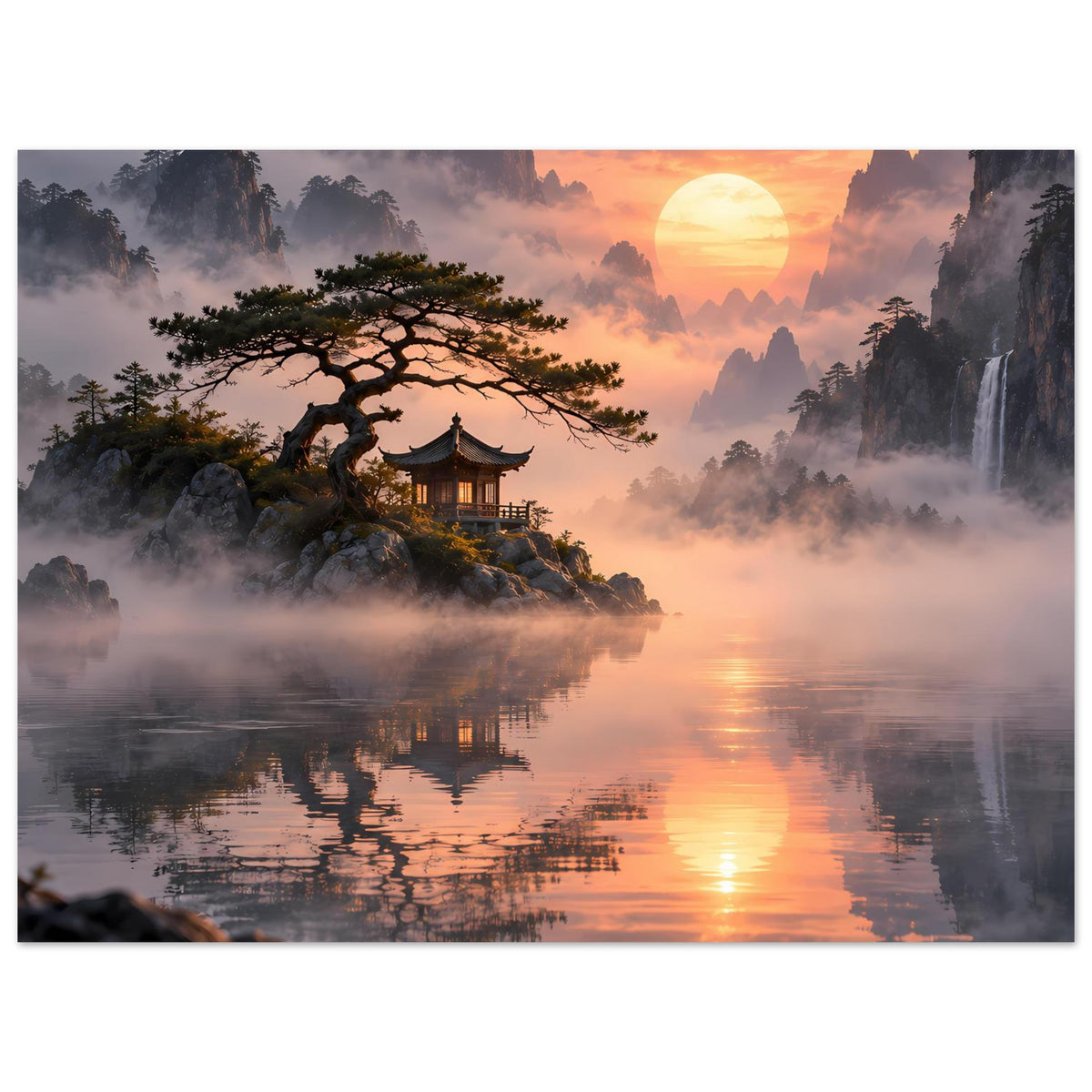 Querformatiges Poster mit Sonne, Pagode, Baum und nebliger Landschaft über spiegelndem See