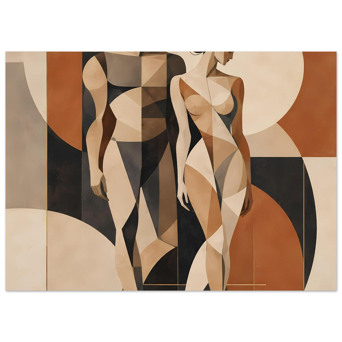 Kunstposter mit geometrischen Aktfiguren eines Paares in Erdtönen, Querformat