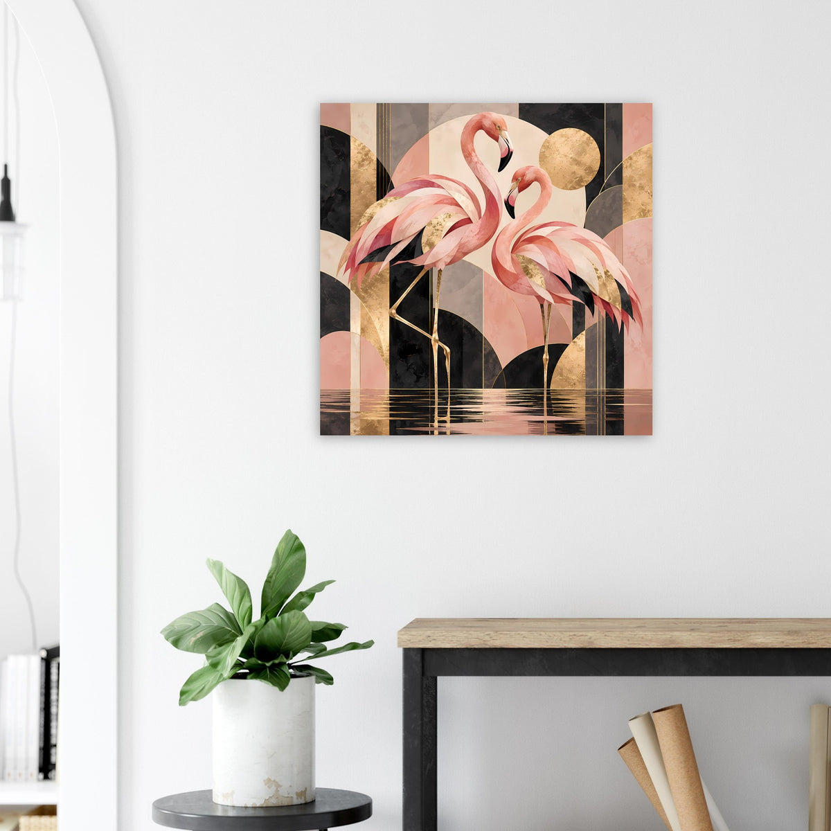 Quadratisches Poster mit rosa Flamingos und goldfarbenen Elementen