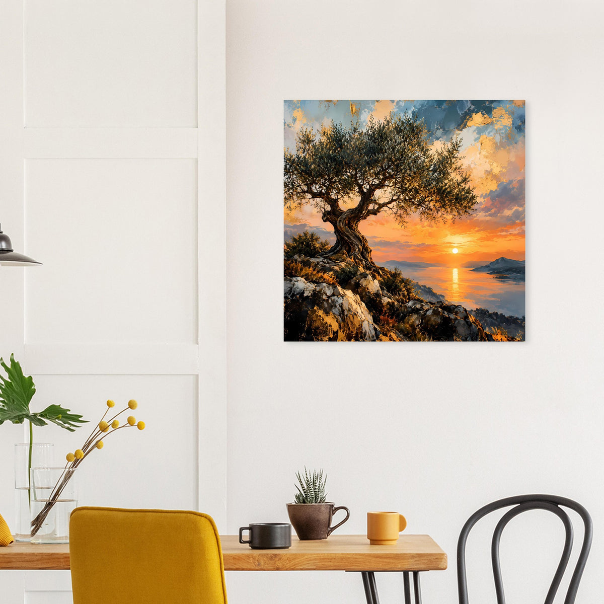 Quadratisches Wandposter: Olivenbaum bei Sonnenuntergang mit warmen Farbtönen