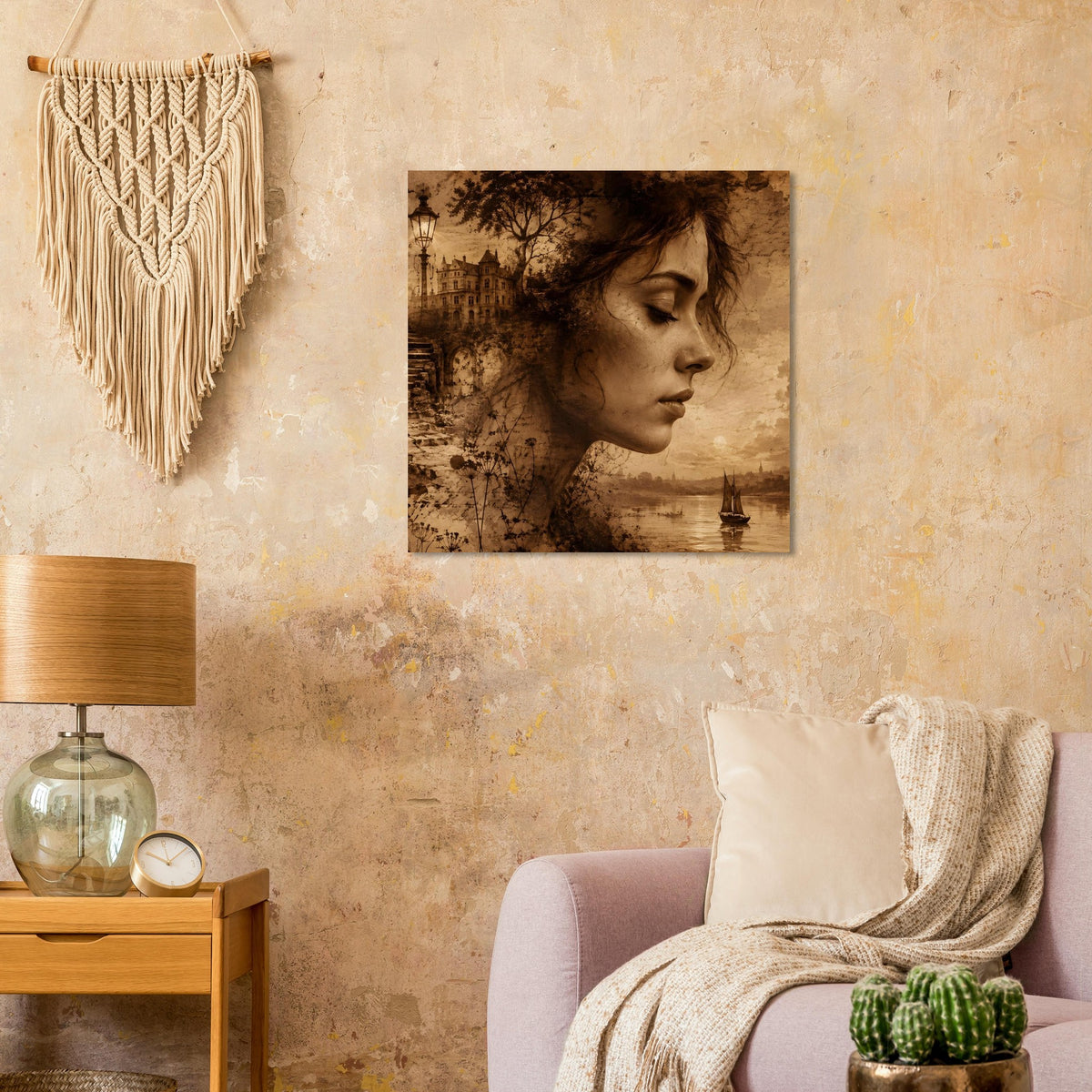 Wandposter im Sepia-Look mit Frauenporträt und Turm/Fluss im Hintergrund
