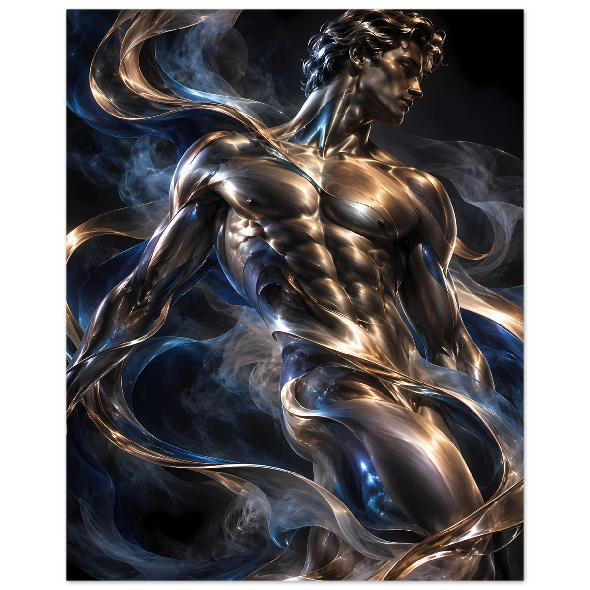 Kunstposter, goldene und silberne Frauenfigur im Profil mit Rauchschwaden