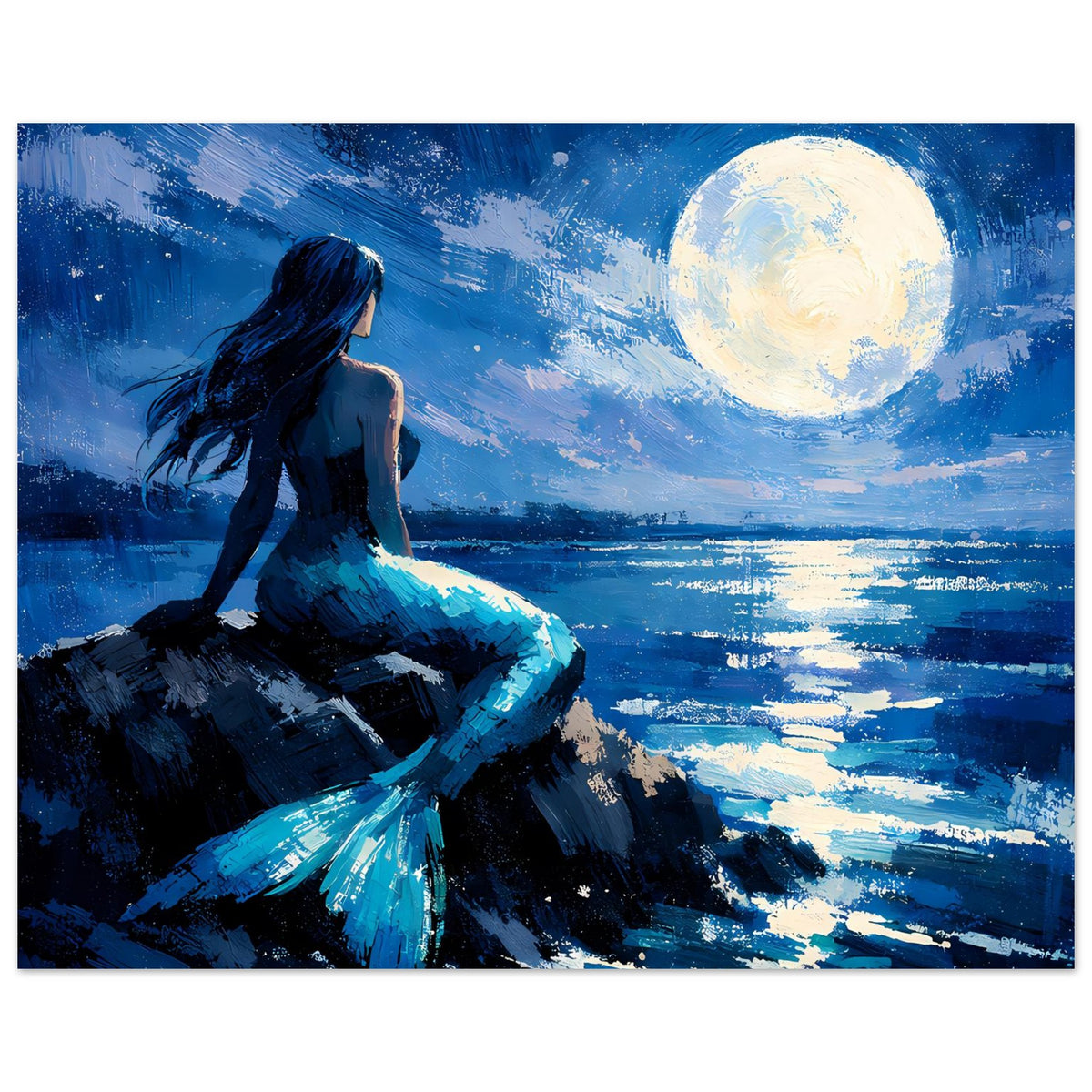 Mattes Poster im Querformat: Meerjungfrau am Ufer, leuchtender Vollmond und Wasserreflexe