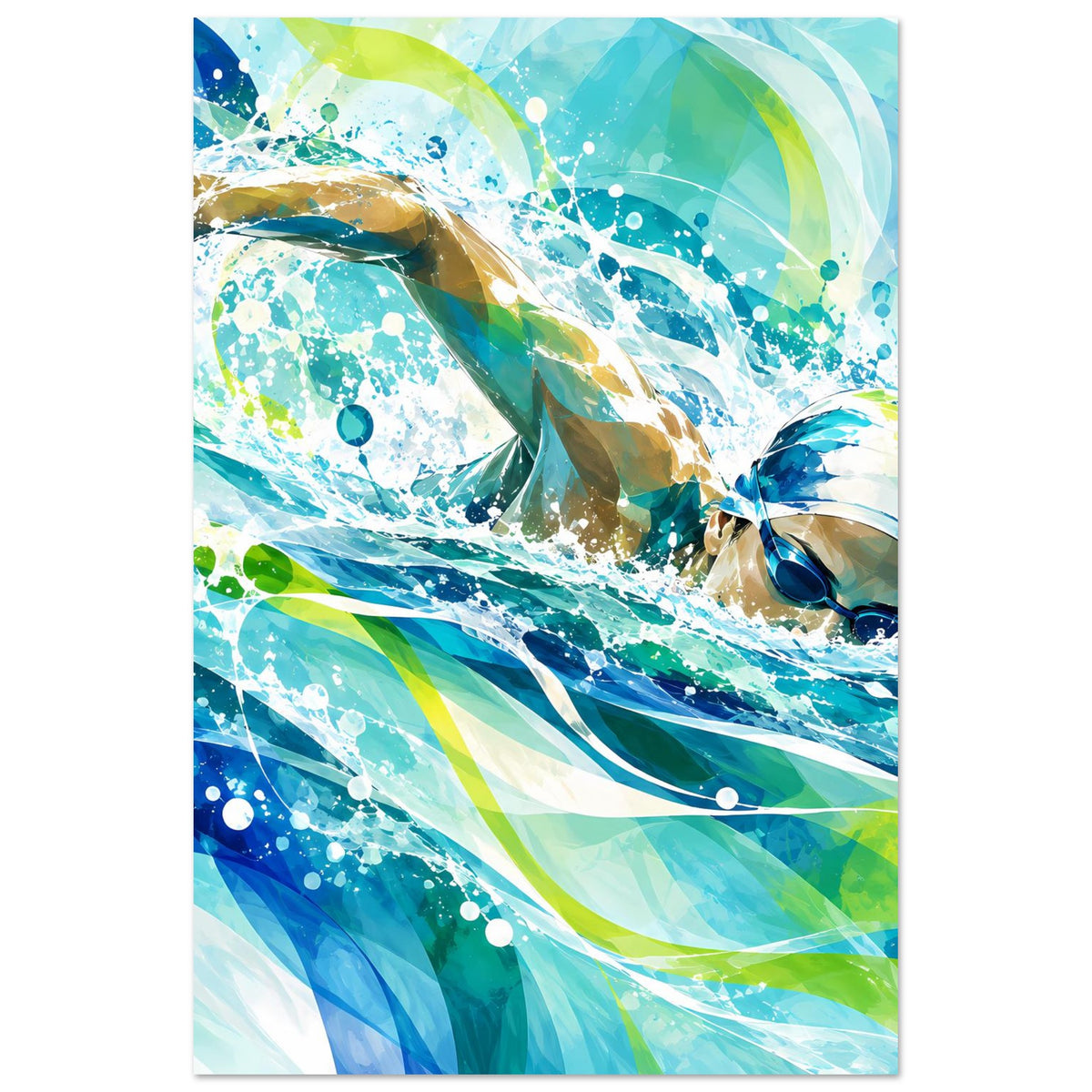 Hochformat-Poster mit Schwimmer im Wasser, abstrakte Blau-Grün-Grafik mit Spritzern
