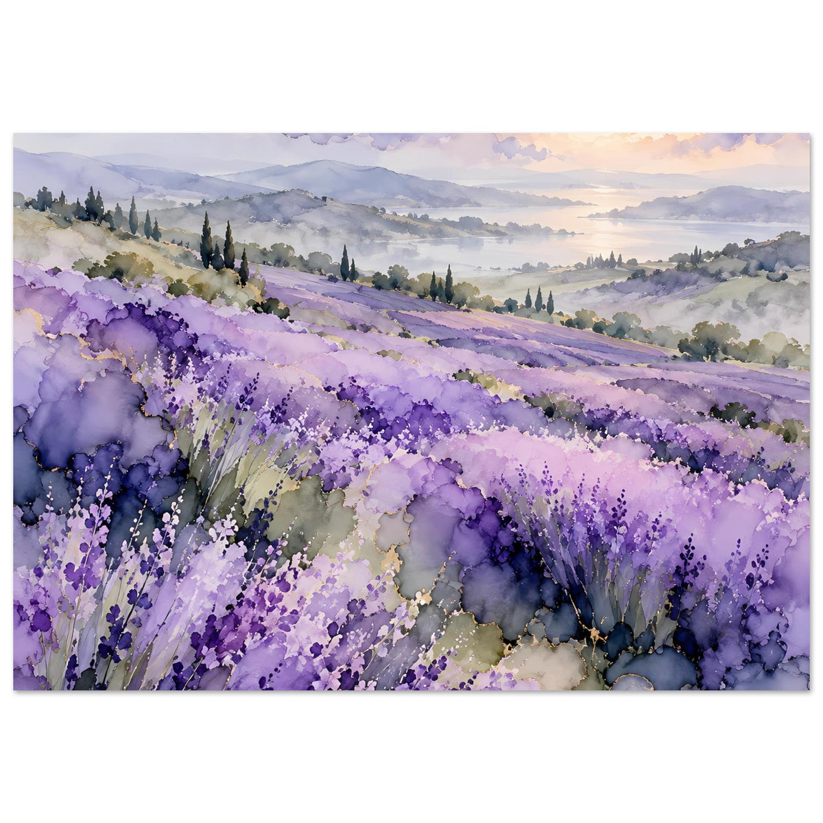 Aquarell-Landschaftsposter mit Lavendelfeld in Violett und Goldtönen, weite Landschaft