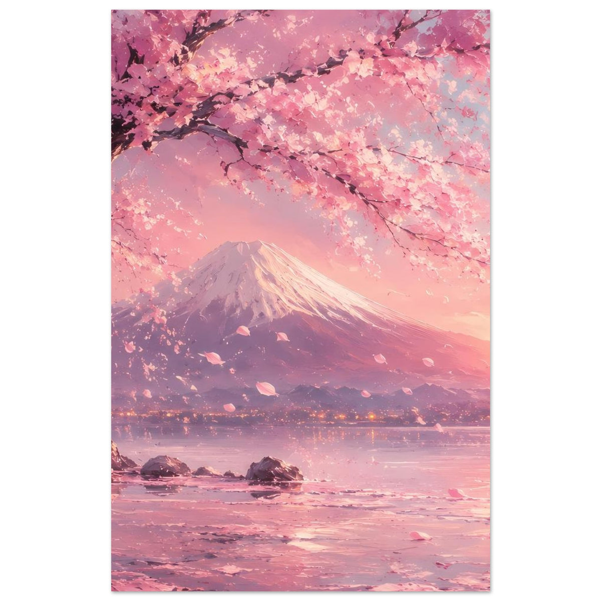 Vertikales Poster: Kirschblüten am Himmel, Fuji-Berg über rosafarbenem Wasser