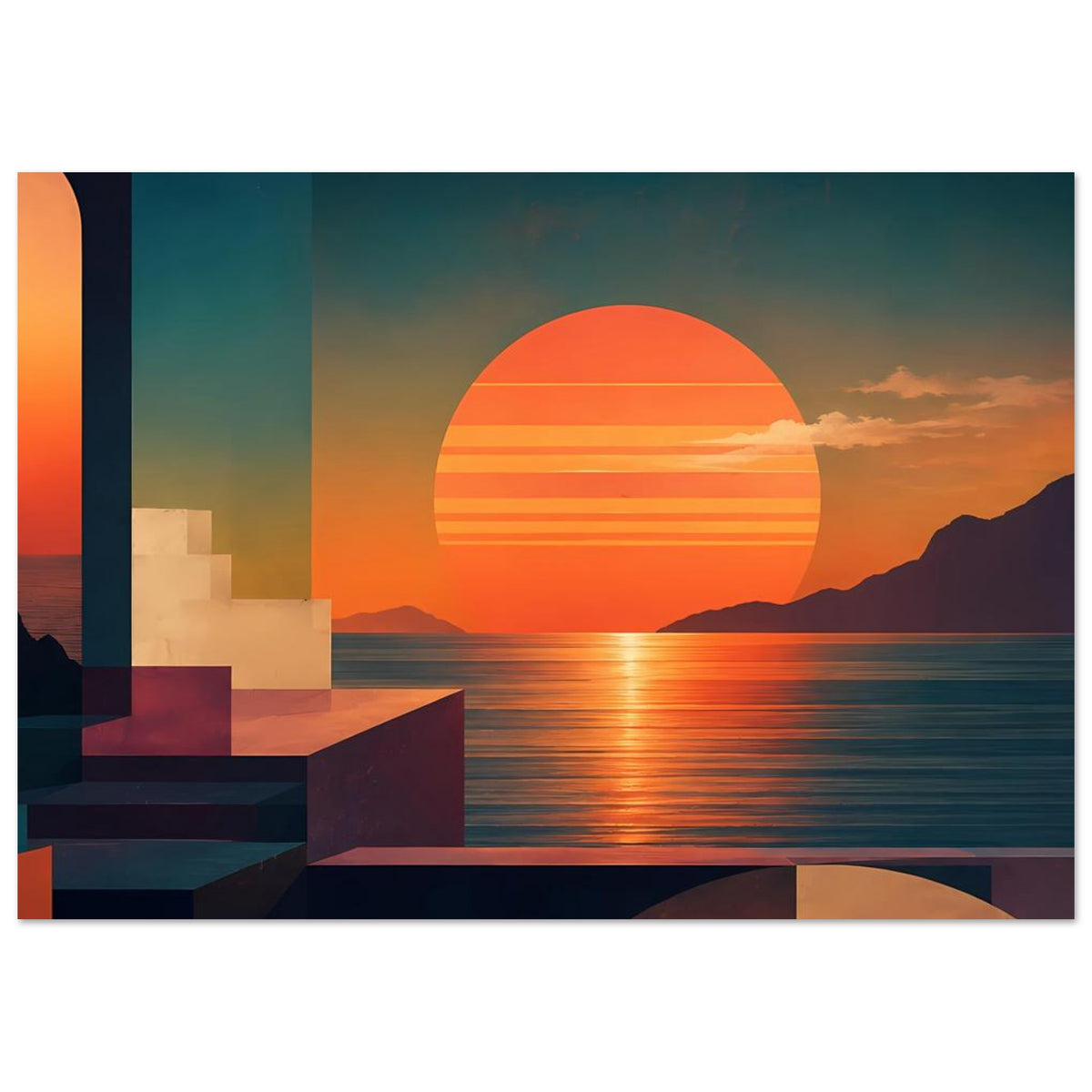 Kunstposter (quer): orangefarbener Sonnenkreis über Meer und Küste, geometrische Blöcke links