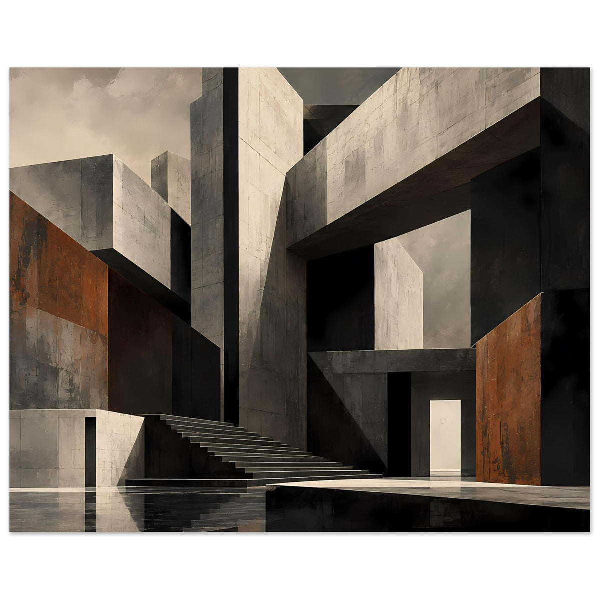 Architekturposter mit Treppe, hohen Bauformen und Flächen in Grau, Schwarz und Rostbraun