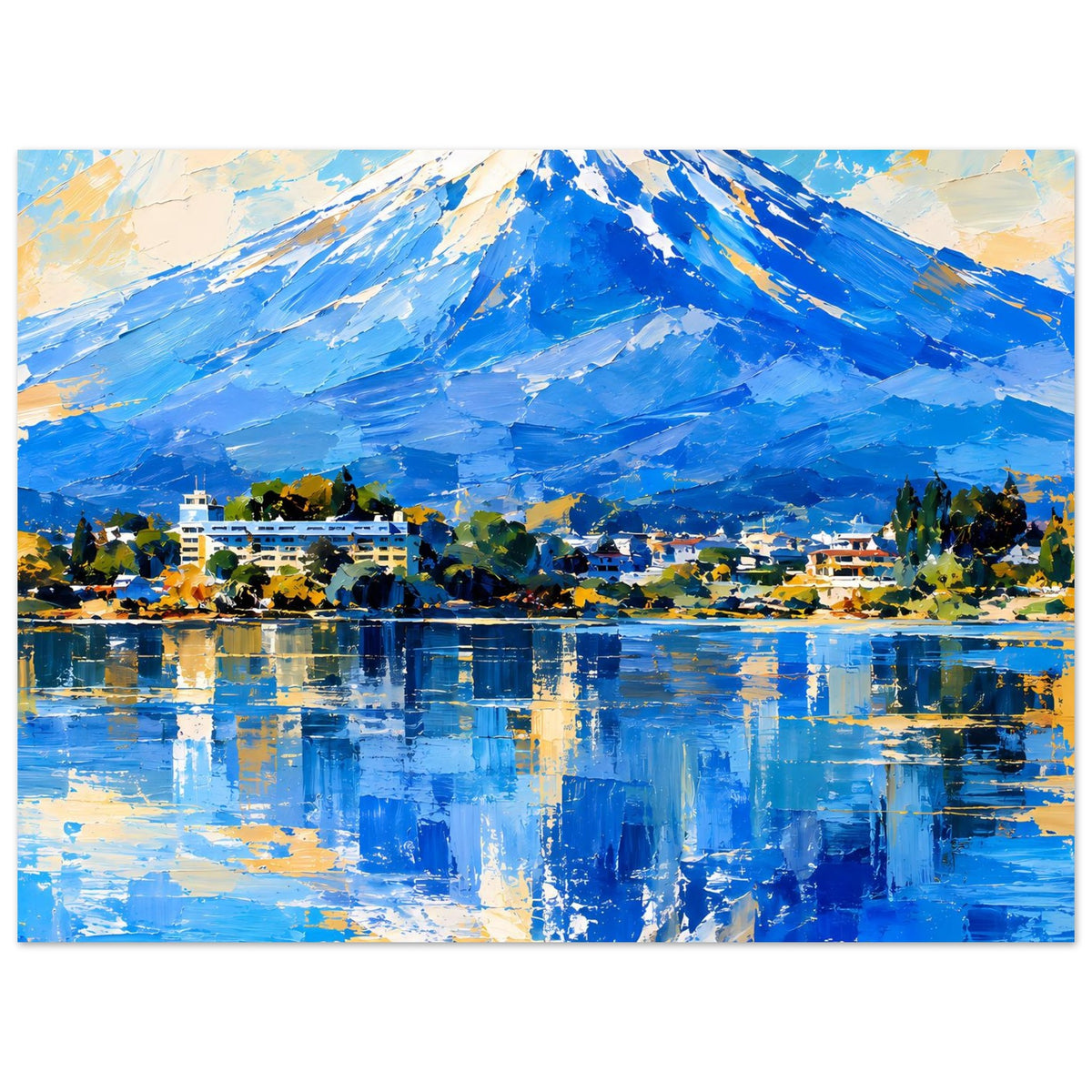 Horizontales Landschaftsposter mit blauem Berg und spiegelndem See, farbige Pinselstruktur
