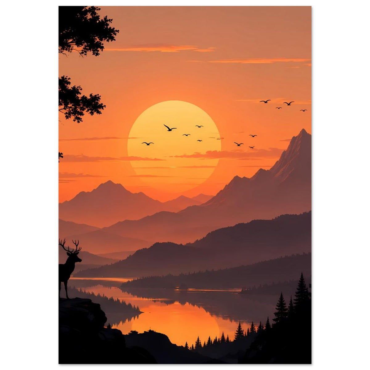 Hochformat-Poster mit Sonnenuntergang, Hirschfigur am Fels, Berge, See und fliegende Vögel.