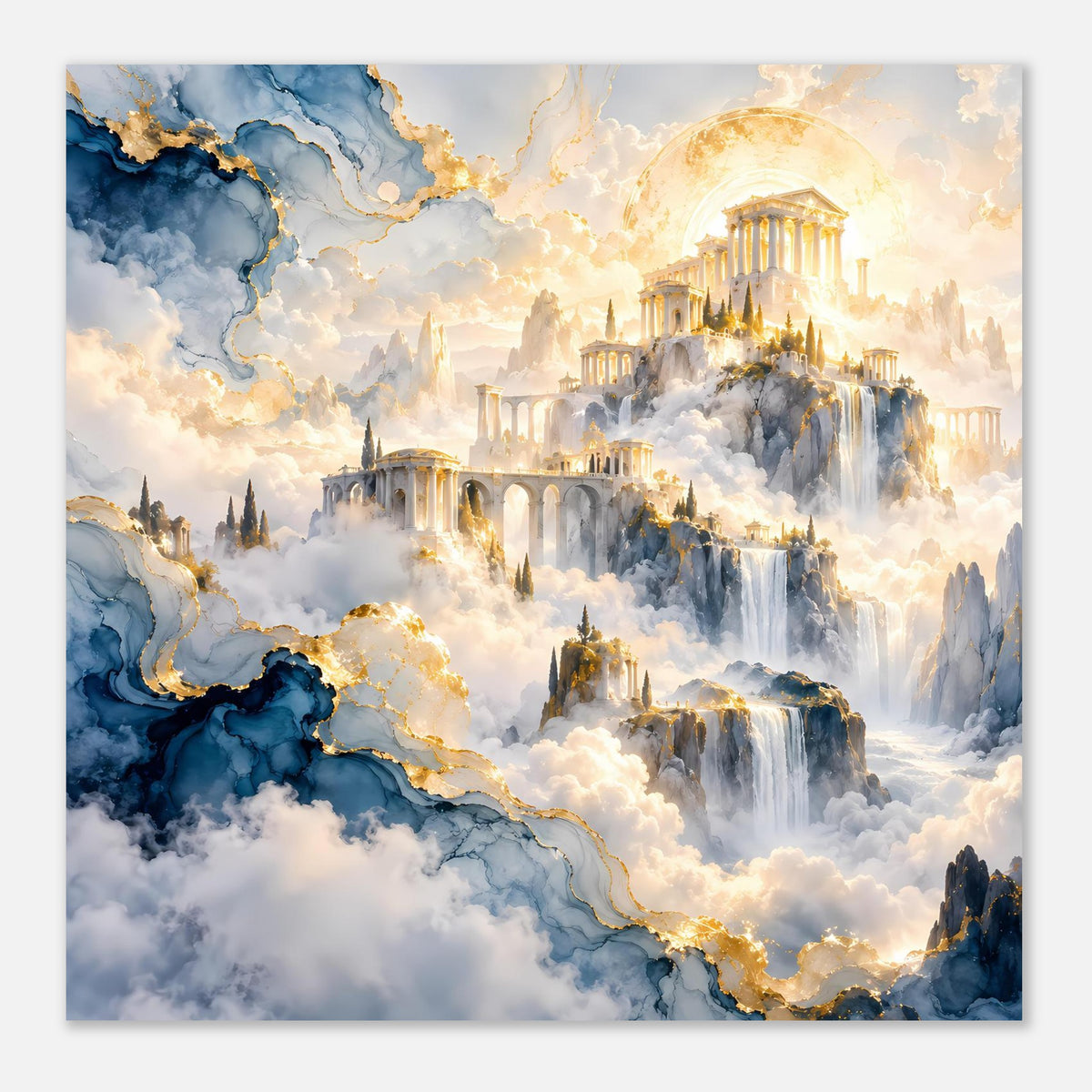 Quadratischer Poster-Druck mit blau-goldener Landschaft, Tempeln, Wolken und Wasserfällen