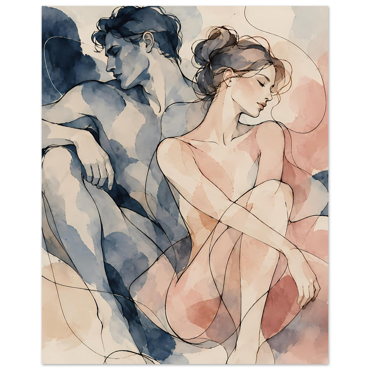 Wasserfarben-Poster mit Paarporträt: Mann blau, Frau rosa, Gesicht im Profil, Hochformat