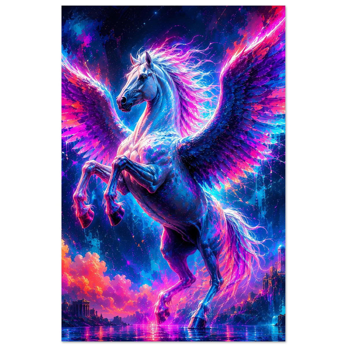 Leuchtendes Pegasus-Poster, hochformatig: blauer Pegasus mit leuchtenden Flügeln