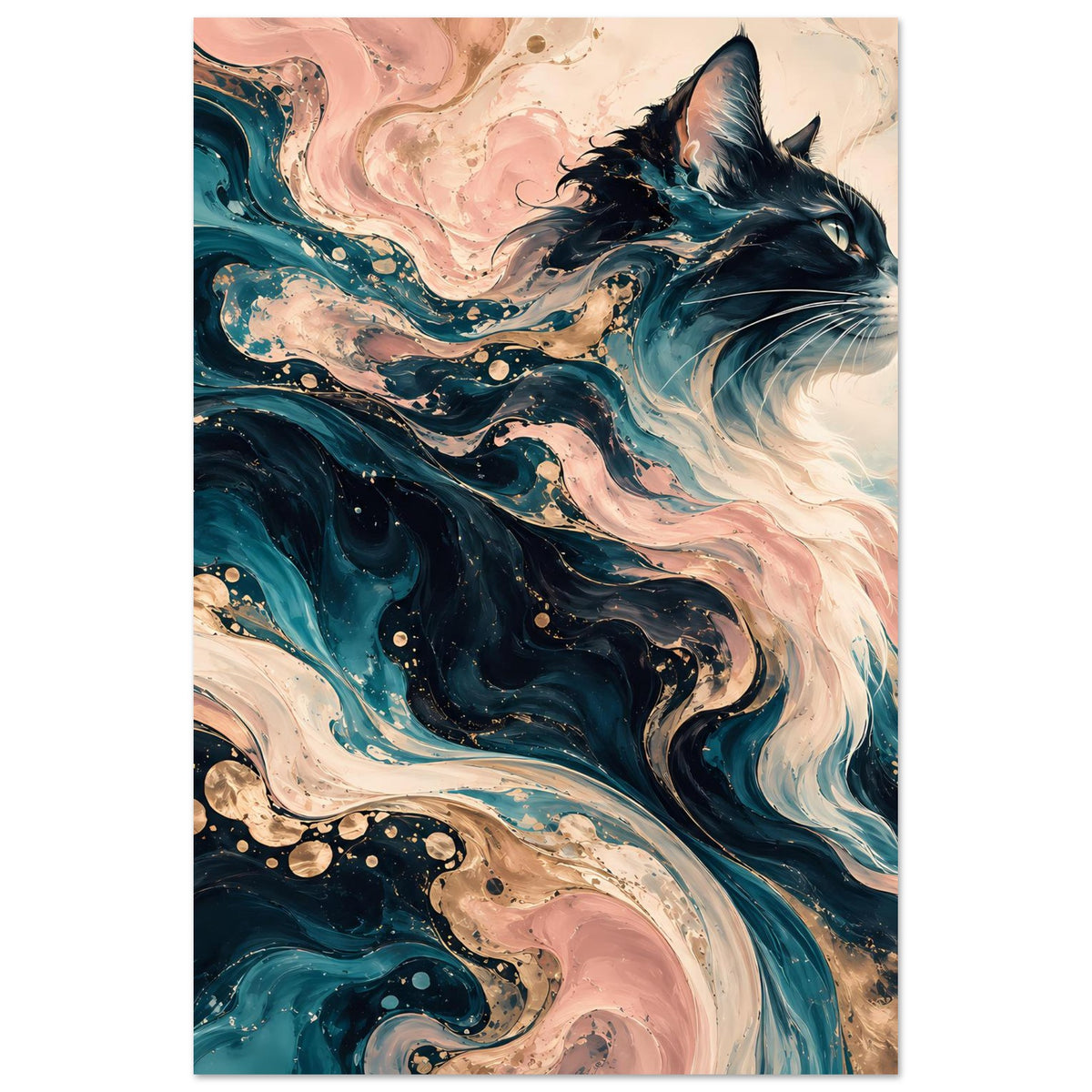 Hochformat Kunstposter mit abstrakter Katze, schwarze Konturen, Blau-Türkis und rosafarbene Wirbel
