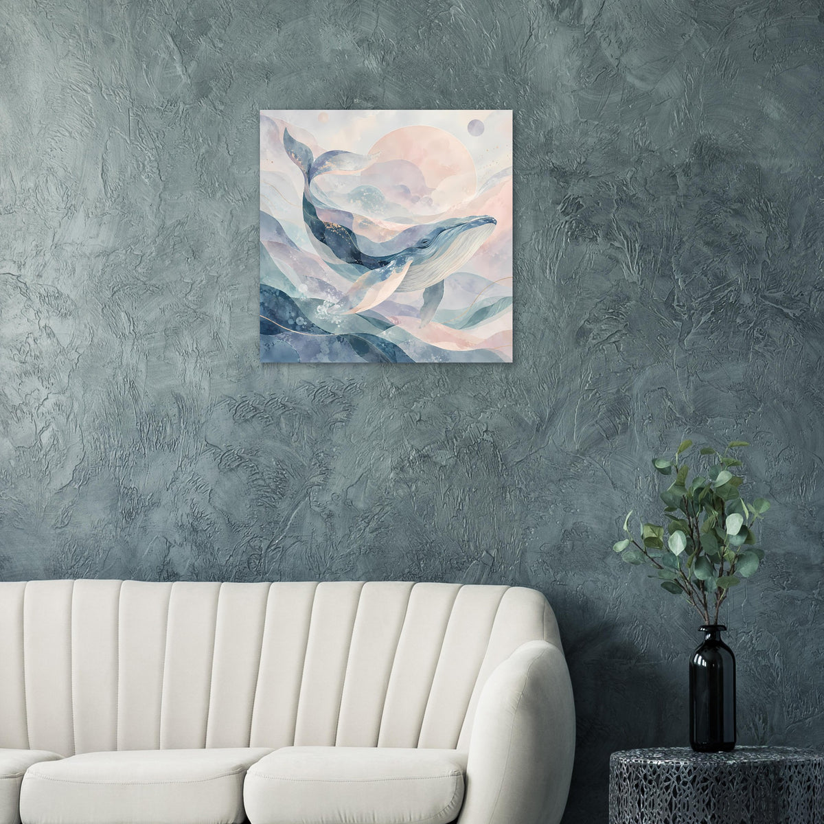 Quadratisches Kunstposter mit abstraktem Wal über pastelligen Wellen in Blau und Rosa