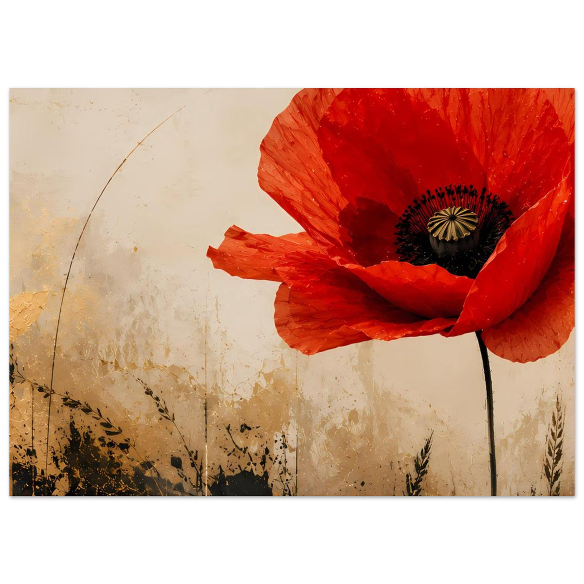 Horizontales Poster mit roter Mohnblume und dunklem Blütenzentrum, teils Stiel sichtbar.