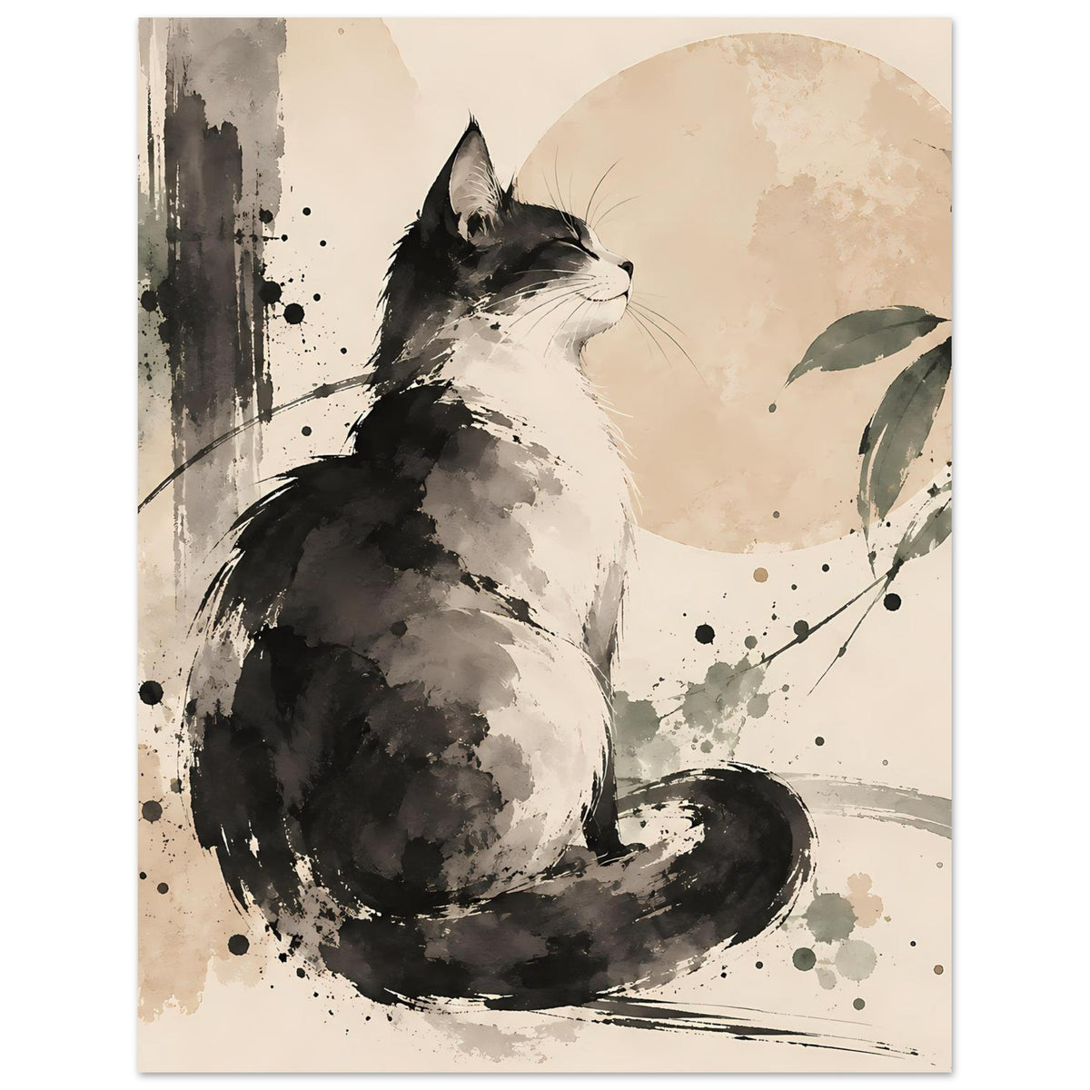 Poster mit sitzender Katze im Detail, Schwarz-Grau Aquarelloptik und Spritzern