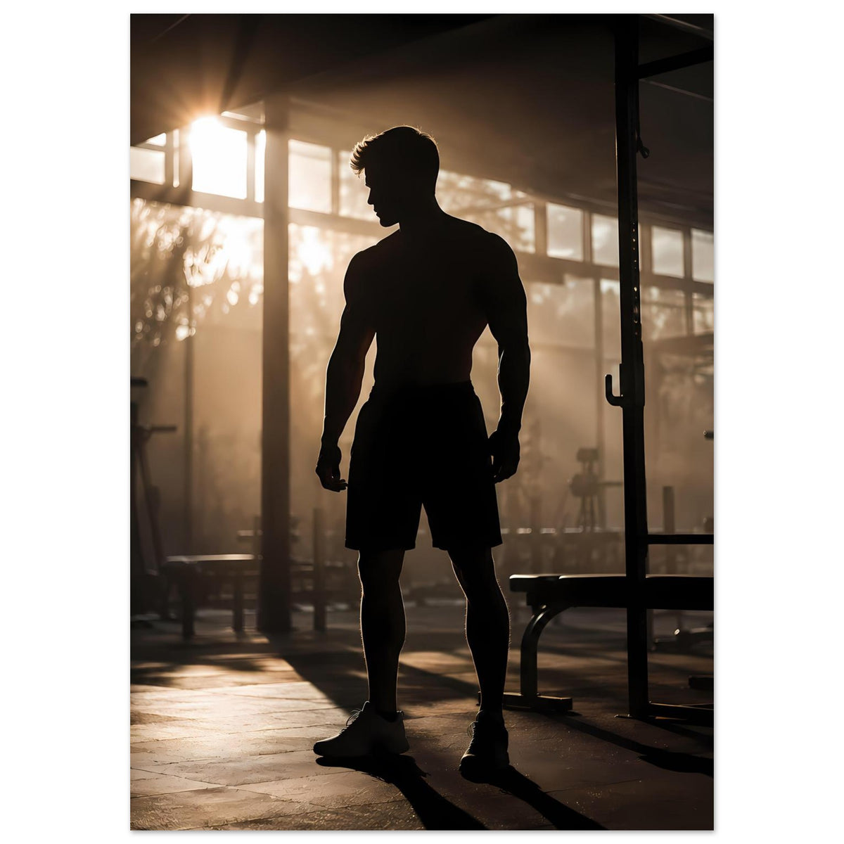 Fitness-Poster mit Sportler-Silhouette: stehende Figur, Shorts und Sportpantoletten