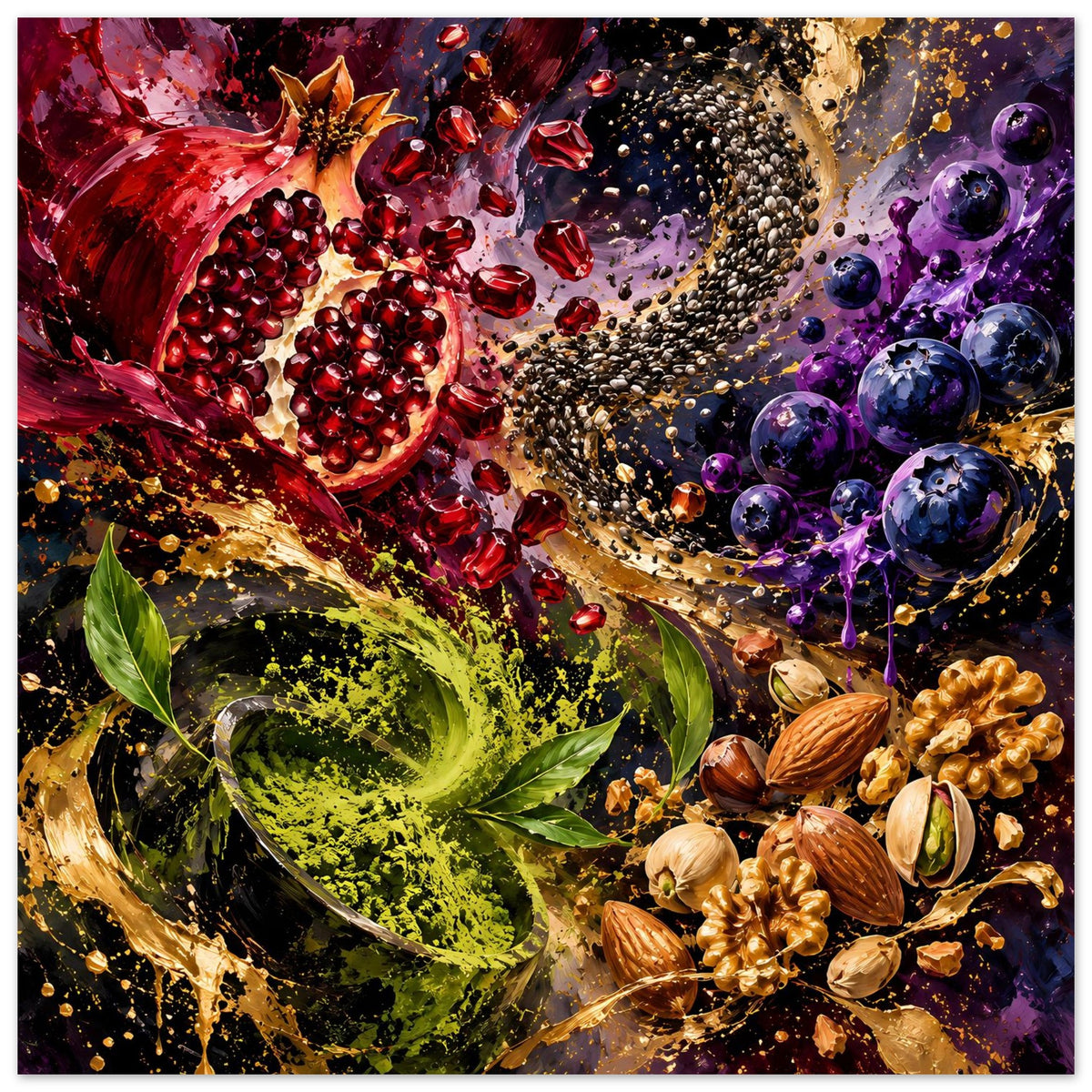 Poster mit Granatapfel, grünen Blättern, violetten Kugelbeeren, Nüssen und goldenen Spritzern