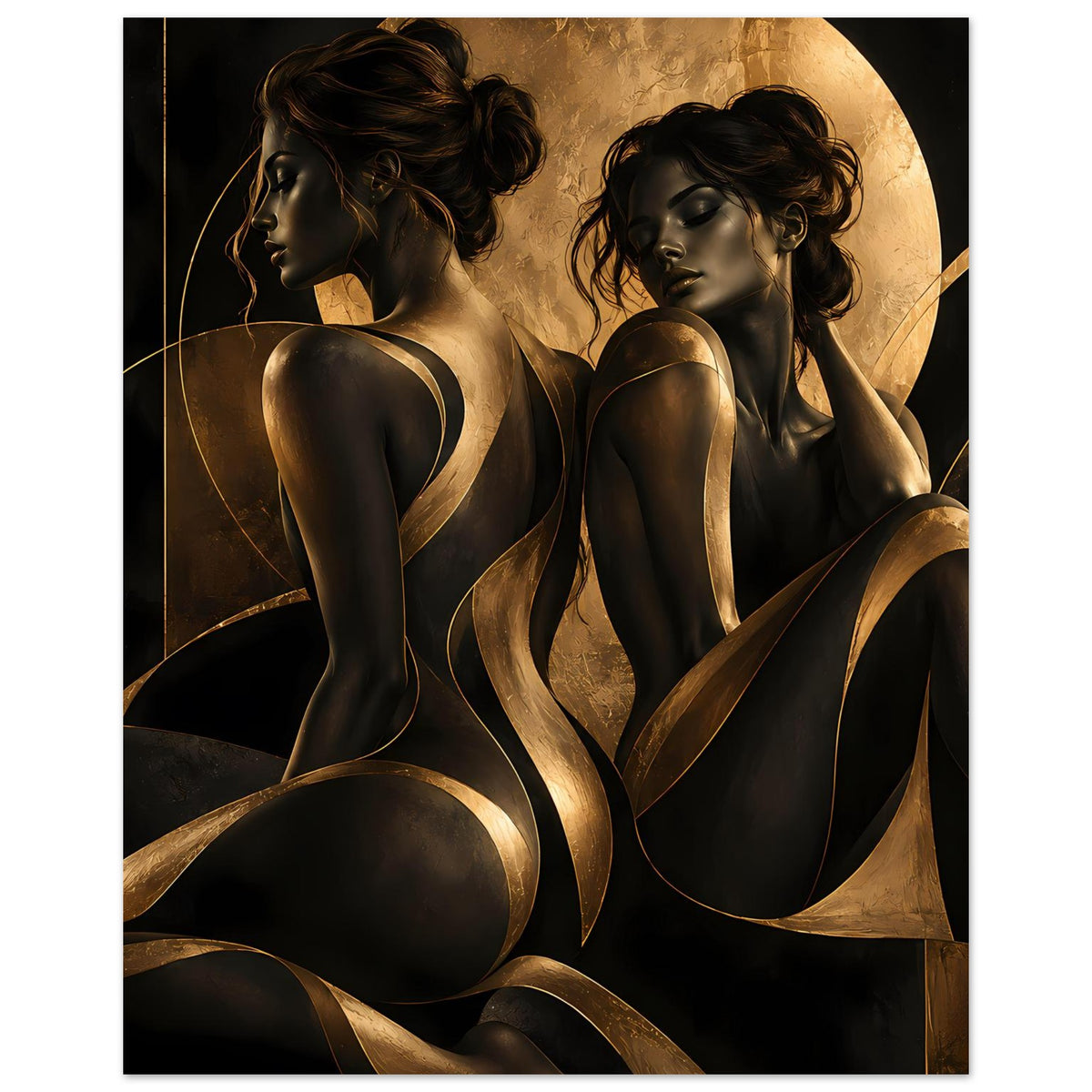 Kunstposter mit zwei Frauen-Silhouetten in Schwarz und Gold, seitlicher Ausschnitt