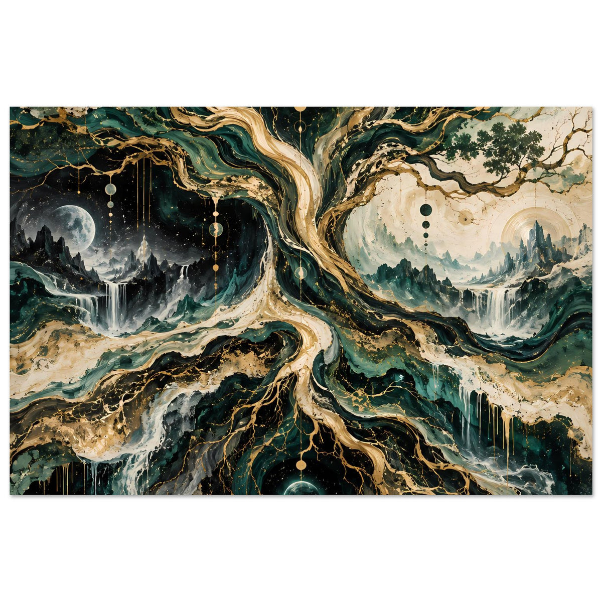 Poster mit kosmischem Baum, filigranen goldenen Linien und planetenartigen Kreisen im Zentrum
