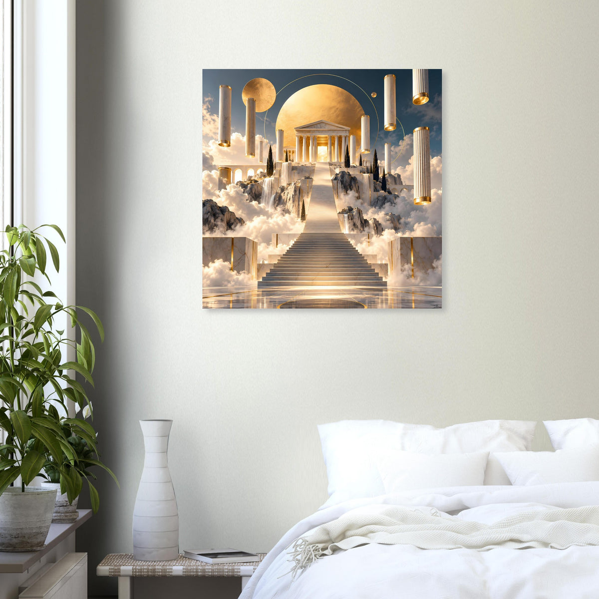 Poster mit goldener Säulenallee, Rundbogen und Wolken, zentrale Treppe, quadratisch