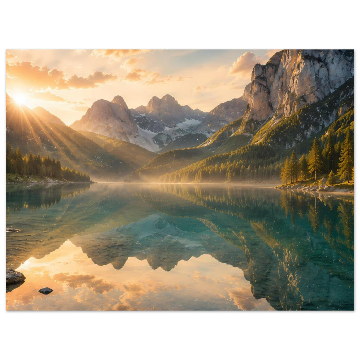Poster mit Bergsee-Landschaft im Sonnenaufgang, Spiegelung der Berge im Wasser, Querformat