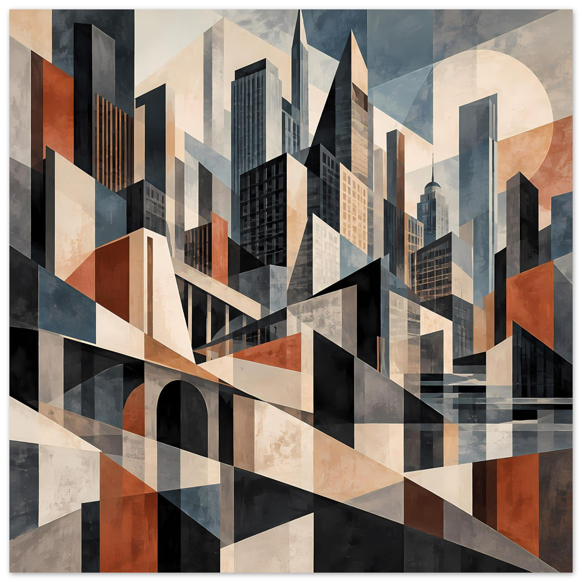 Architekturposter mit geometrischer Stadtlandschaft, hohen Gebäuden und gebänderter Farbfläche in Blau