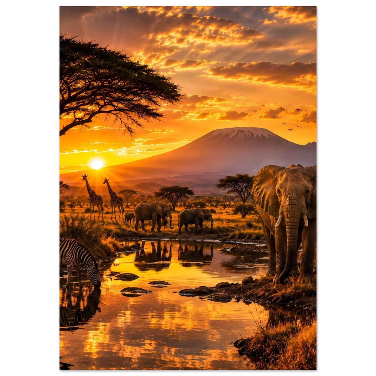 Tierwelt-Poster mit Elefant, Zebras und Giraffen, Akazienbaum links und Bergsilhouette