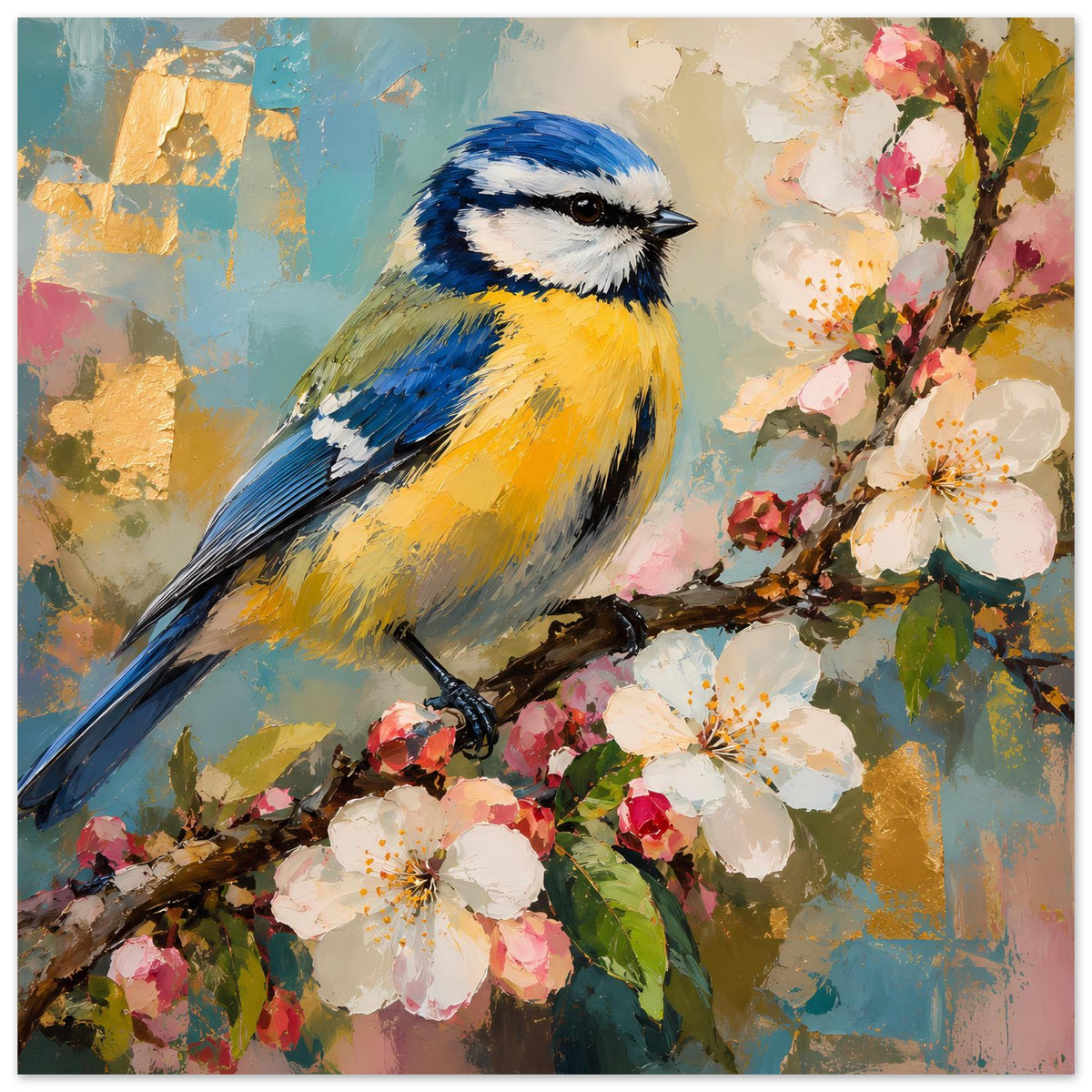 Vogelkunst-Poster: Blau-Gelb-Vogel auf blühendem Ast, Pastellfarben mit weißen und rosigen Blüten.