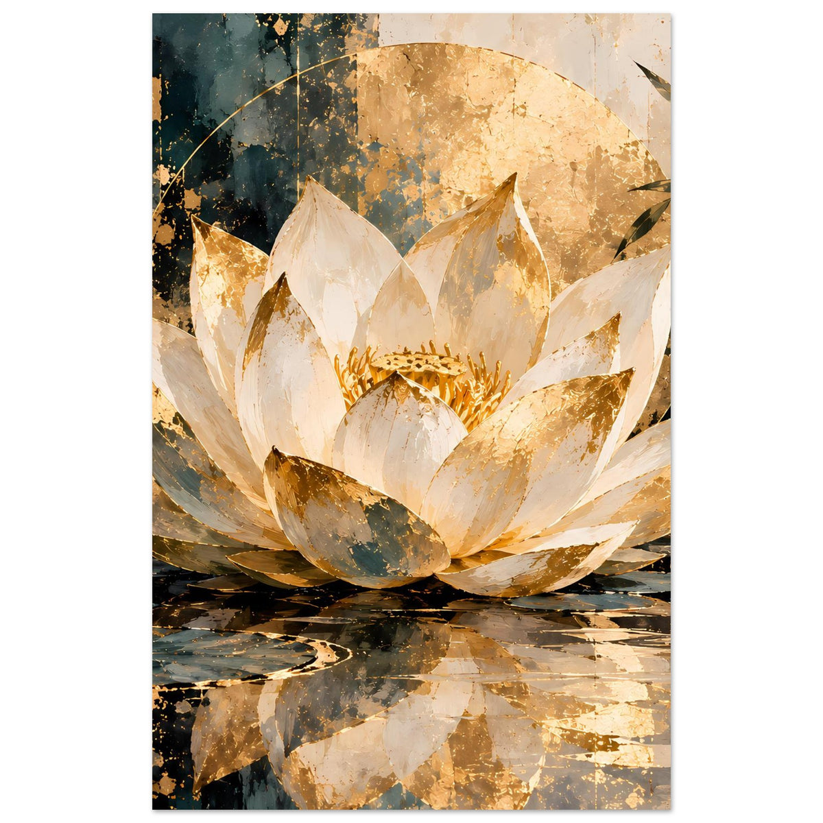 Premium-Poster (hoch) mit zentraler Lotusblüte, cremefarben und goldfarben, mit Blattzweig oben rechts