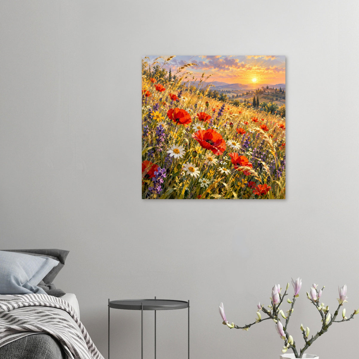 Kleines Wildblumen-Poster, quadratisch: bunte Wiesenblumen und Abendhimmel mit Sonne