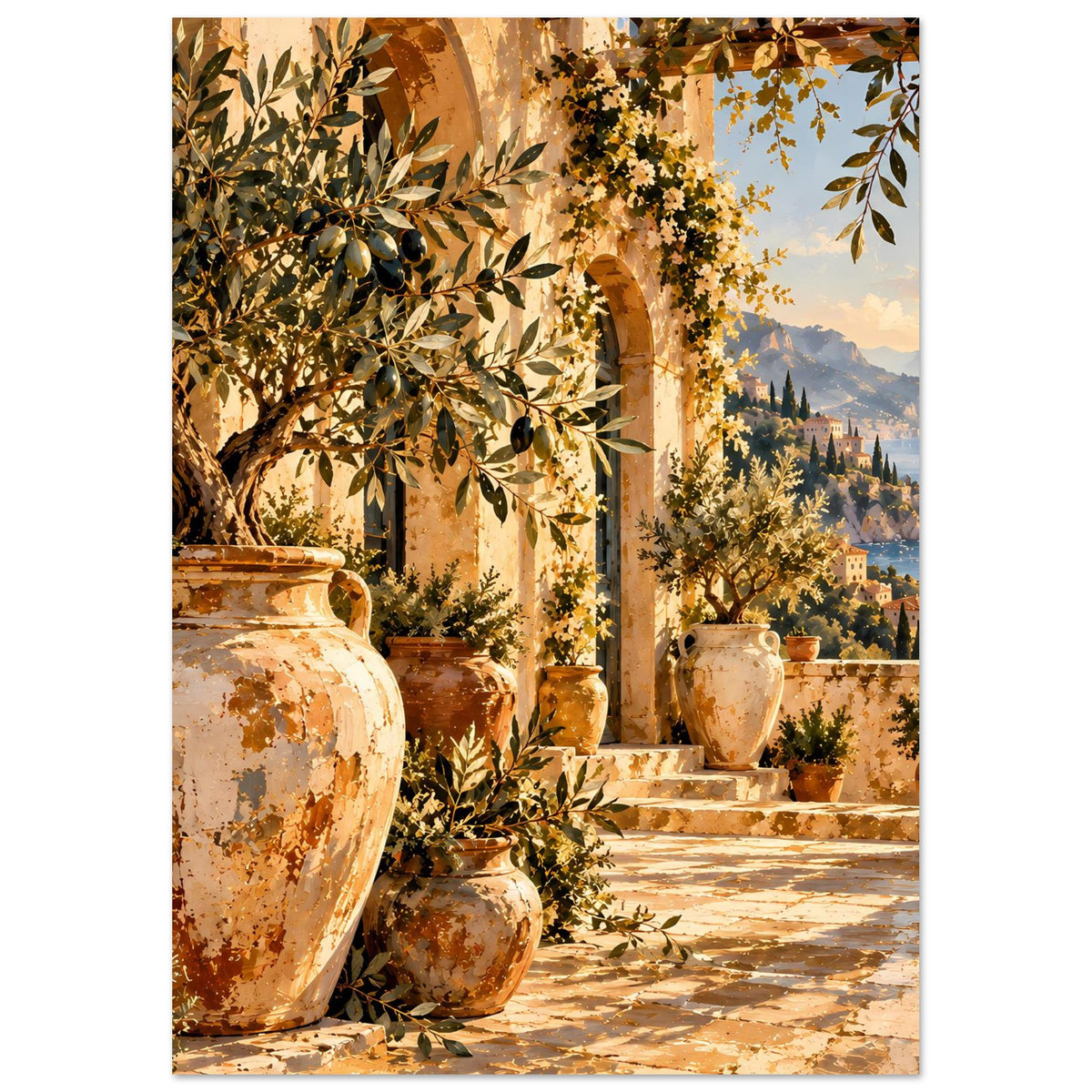 Vertikales Poster: mediterrane Terrasse mit Olivenbaum, Säulenbogen und Keramikvasen