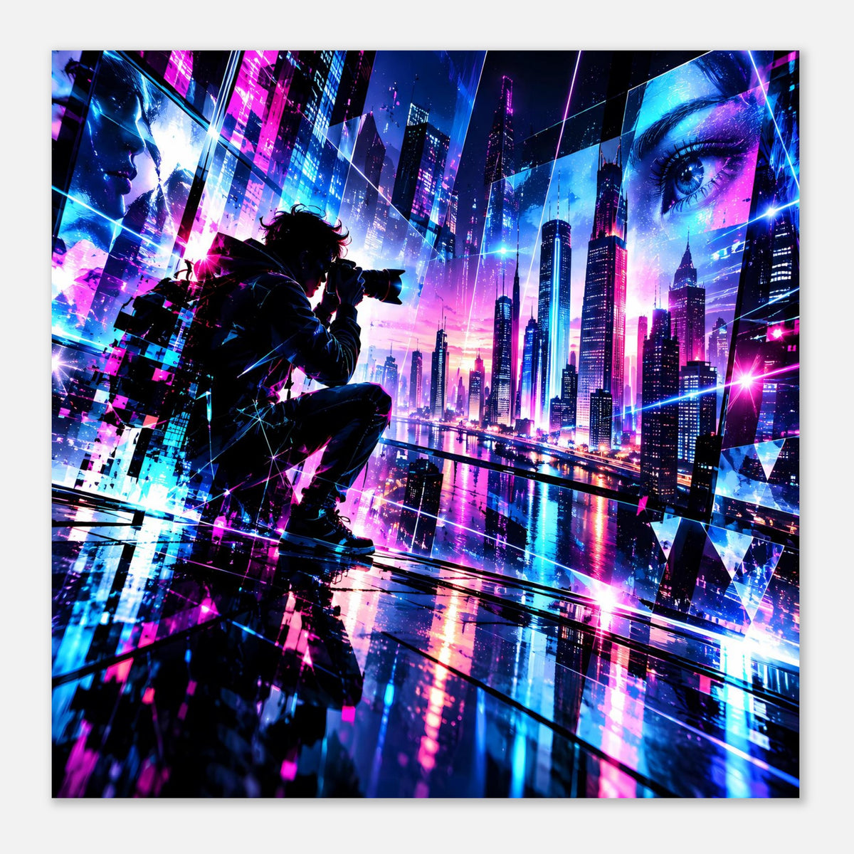 Neon-Cyberpunk-Stadtposter, breites Motiv mit Silhouette, Skyline und Augenmotiv rechts