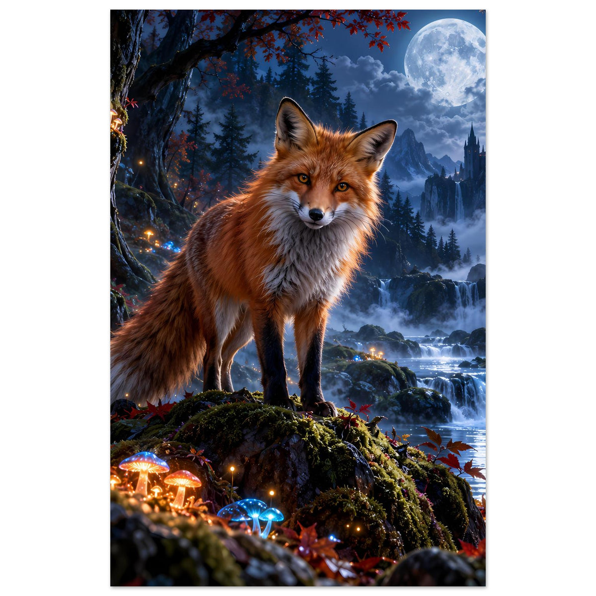 Rotfuchs zwischen Leuchtpilzen vor großem Vollmond und verzaubertem Wald – mystisches Poster