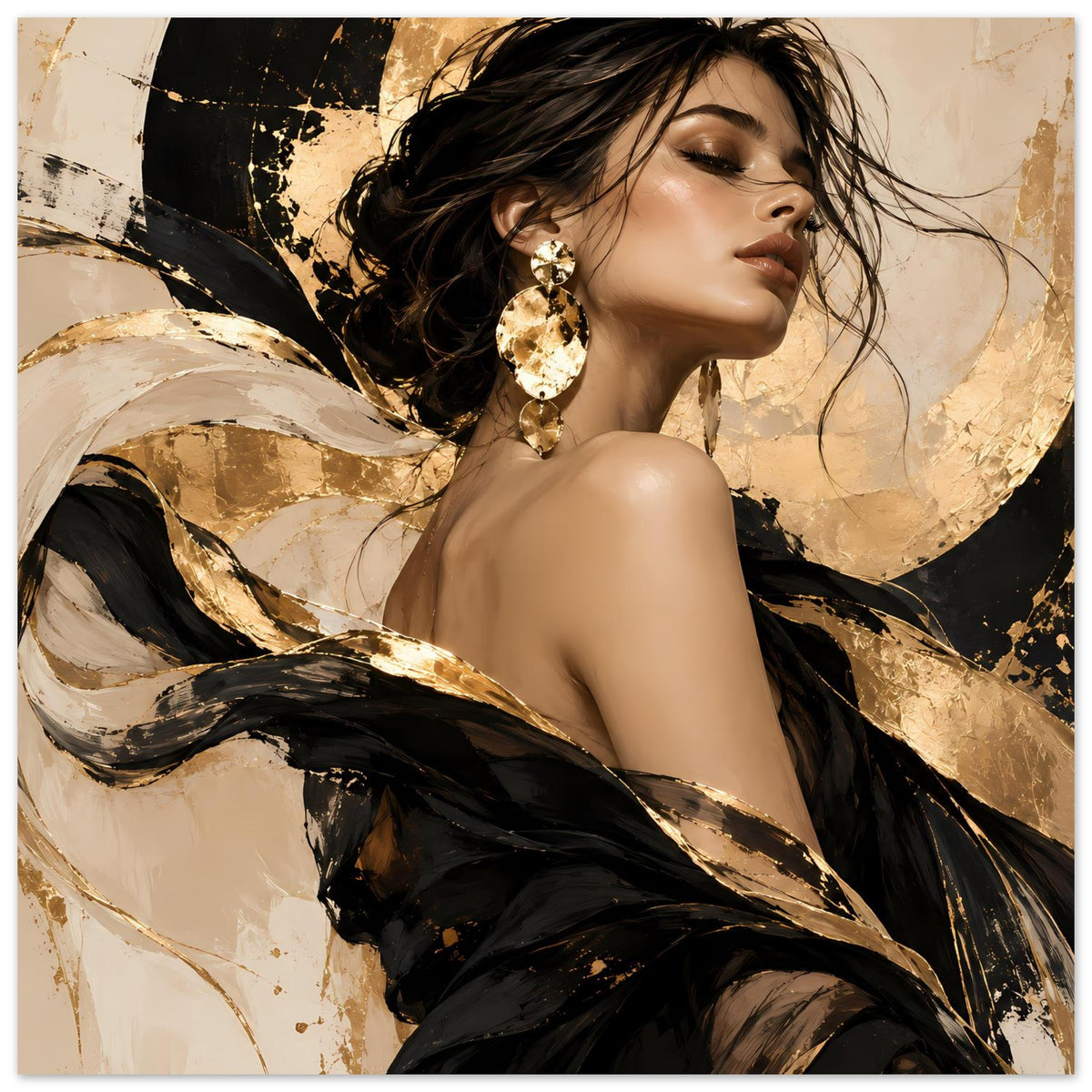 Vertikales Portraitposter mit Frau, goldene Ohrringe, schwarze und goldene Wirbel im Hintergrundmotiv